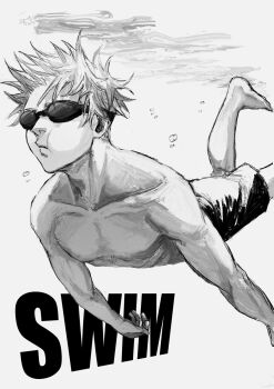 1boy air_bubble bubble closed_mouth collarbone commentary_request english_text full_body goggles gojou_satoru greyscale highres jujutsu_kaisen kuwoniagyu11112 male_focus male_swimwear monochrome pectorals short_hair solo spiked_hair swim_goggles swim_trunks topless_male underwater