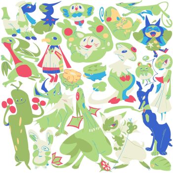 :3 @_@ alternate_color arm_up arms_up black_skin blue_skin breloom closed_eyes closed_mouth colored_sclera colored_skin commentary deino_(pokemon) dog dragon dragon_wings english_commentary espeon floragato flower flygon frog furfrou furfrou_(dandy) gardevoir gen_1_pokemon gen_2_pokemon gen_3_pokemon gen_5_pokemon gen_6_pokemon gen_7_pokemon green_skin green_theme grovyle hands_on_own_stomach highres jolteon leaf looking_to_the_side lotad marill nintendo no_humans no_pupils official_alternate_color one_eye_closed open_mouth pig_nose pokemon pokemon_(creature) politoed red_eyes reuniclus rowlet shiny_pokemon simple_background skiploom slit_pupils smile snorunt spinda standing standing_on_one_leg sudowoodo tongue white_background white_eyes wings xatu yellow_flower yo-yo zeeorzero