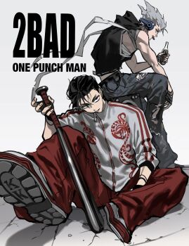 2boys absurdres baseball_bat black_hair bottle cola fingerless_gloves garou_(one-punch_man) gloves headphones highres holding holding_bottle kinzoku_bat ma0ma0_0 metal_baseball_bat mouth_hold multiple_boys one-punch_man pants shoe_soles simple_background sitting torn_clothes torn_pants white_hair