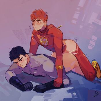 2boys anal ass bananakiiwi bara batman batman_(series) black_gloves black_hair blush bodysuit bodysuit_pull boots bottomless bruce_wayne closed_eyes closed_mouth clothed_sex cum cum_on_male dc_comics ejaculating_while_penetrated ejaculation gloves grey_bodysuit highres lying male_focus male_penetrated multiple_boys muscular muscular_male no_male_underwear on_stomach orange_hair pectorals red_bodysuit sex sex_from_behind short_hair sideburns the_flash_(series) wally_west yaoi young_justice