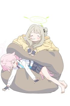 2girls bare_legs black_gloves blue_archive blue_necktie closed_eyes closed_mouth coat gloves green_halo grey_hair halo hashtag-only_commentary highres hoshino_(blue_archive) miniskirt multiple_girls necktie nonomi_(blue_archive) open_mouth outstretched_arms pink_hair pink_halo school_uniform shimotsu. sitting skirt yellow_coat