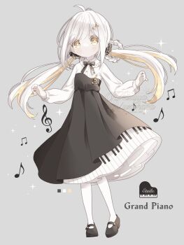 1girl ahoge black_bow black_bowtie black_dress black_shoes blonde_streaks blush bow bowtie closed_mouth collared_shirt commentary_request dress floating_hair fortissimo frilled_shirt_collar frills full_body grey_background hair_intakes hair_ornament hair_rings hair_scrunchie highres kuzuhara_kazuya long_hair long_sleeves low_twintails mary_janes medium_dress multicolored_hair musical_note musical_note_hair_ornament musical_note_ornament original pantyhose piano_print scrunchie shirt shoes sidelocks simple_background solo standing star_(symbol) star_in_eye streaked_hair symbol_in_eye twintails watermark white_hair white_pantyhose white_shirt yellow_eyes