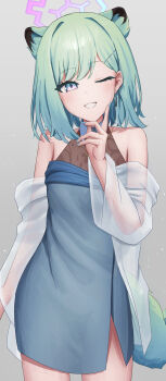 alternate_costume blue_archive blue_hair dress earrings fingernails green_hair jewelry long_fingernails nail_polish necklace pink_eyes purple_eyes shigure_(blue_archive) yakishio_(yakishio_236)