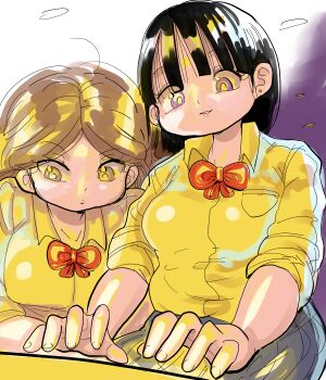 2girls bad_tag black_hair blonde_hair bow bowtie breasts brown_hair collared_shirt kiliu long_hair multiple_girls parted_lips purple_eyes red_bow school_uniform shirt skirt yellow_eyes