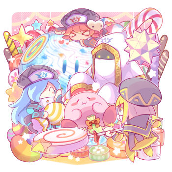 &gt;_&lt; 1boy 3girls ^_^ beco_(100me) black_bridal_gauntlets black_hat black_robe blonde_hair blue_eyes blue_eyeshadow blue_hair blue_trim blunt_bangs blunt_ends blush_stickers bob_cut border bridal_gauntlets buttons candy candy_cane character_mask chewing closed_eyes closed_mouth colored_skin commentary_request covered_mouth dark-skinned_female dark_skin detached_hood eating eyeshadow flamberge_(kirby) floating food francisca_(kirby) hair_over_one_eye hat heart heart_print high_collar highres holding holding_candy holding_food holding_lollipop hyness kirby kirby_star_allies kirby_(series) lollipop long_hair long_sleeves makeup mask mask_on_head mouth_veil multiple_girls nintendo outline oversized_food oversized_object pink_skin pocky puff_of_air rayman_limbs red_eyeshadow red_footwear red_hair red_ribbon red_trim ribbon robe shoes short_hair siblings signature sisters sleeves_past_fingers sleeves_past_wrists smile solid_circle_eyes star_(symbol) swirl_lollipop veil very_long_hair void_soul void_termina white_border white_hood white_outline white_robe white_veil yellow_eyes yellow_eyeshadow yellow_trim zan_partizanne
