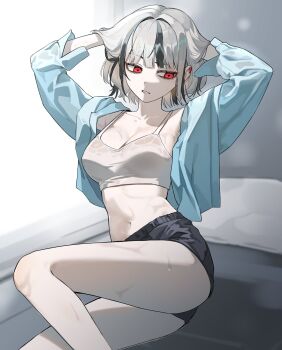 1girl arms_up baegsaeg_waesyong black_shorts blue_shirt breasts character_request cleavage commentary copyright_request crop_top earclip feet_out_of_frame grey_hair hands_in_own_hair highres large_breasts long_sleeves looking_to_the_side multicolored_hair navel on_bed open_clothes open_shirt parted_lips reclining red_eyes shirt short_hair short_shorts shorts sideways_glance solo sports_bra stomach streaked_hair sweat sweaty_clothes symbol-only_commentary wet wet_clothes wet_sports_bra white_sports_bra