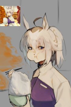 1girl absurdres aegyo_sal ahoge animal_ears black_eyes bowl chewing chopsticks eating high_ponytail highres holding holding_bowl holding_chopsticks horse_ears kemonomimi_mode logicsterrr oguri_cap_(umamusume) ponytail reference_inset sidelocks solo two-tone_shirt umamusume upper_body white_hair