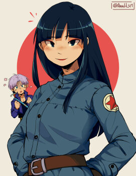 1boy 1girl anah_41 belt black_eyes black_hair black_shirt blue_coat blue_eyes blue_jacket blush brown_belt buttons coat commentary dragon_ball dragonball_z english_commentary grey_hair highres jacket long_hair mai_(dragon_ball) mai_(future)_(dragon_ball) open_clothes open_jacket open_mouth shirt short_hair smile solo_focus star_(symbol) trunks_(dragon_ball) trunks_(future)_(dragon_ball) upper_body