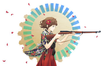 1girl arisaka bolt_action brown_hair commentary_request falling_petals floral_print flower gun hair_flower hair_ornament holding holding_gun holding_weapon mozu_(112601jack) original petals rifle short_hair solo tasuki weapon wide_sleeves