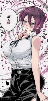 1girl black_ribbon black_shorts blush breasts chainsaw_man green_eyes hair_bun heart jewelry kinakomochi_(user_vedc2333) large_breasts looking_at_viewer neck_ribbon open_mouth purple_hair reze_(chainsaw_man) ribbon ring shirt shorts sleeveless sleeveless_shirt smile sparks speech_bubble splatter spoken_heart standing teeth white_background white_shirt