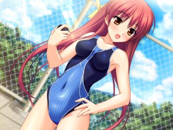 1:02am 1girl :d armpits atelier_kaguya blush breasts chain-link_fence cloud competition_swimsuit covered_navel day dutch_angle female_focus fence game_cg hair_ribbon hand_on_own_hip holding holding_stopwatch impossible_clothes impossible_swimsuit long_hair medium_breasts minase_rin navel one-piece_swimsuit open_mouth outdoors pool poolside red_hair ribbon skin_tight sky smile solo splash! standing stopwatch striped_clothes striped_one-piece_swimsuit swimsuit timer very_long_hair watch yellow_eyes