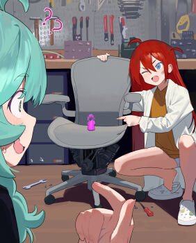 2girls ? afterimage ahoge aqua_hair blue_eyes blush brown_shirt chair crocs dildo dirty dirty_face dirty_hands engine full_body green_eyes hair_between_eyes hammer hand_up heel_up highres hipa_(some1else45) lab_coat legs long_hair long_sleeves motion_blur multiple_girls nahia_(some1else45) no_pants office_chair one_eye_closed open_mouth original pointing pointing_at_self red_eyes screwdriver sex_machine sex_toy shadow shirt some1else45 squatting swivel_chair tools wavy_mouth worried wrench