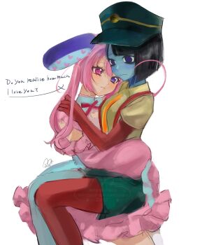 2girls animal_ears black_hair blue_blush blue_skin blunt_bangs blunt_ends blush bob_cut colored_blush colored_skin dress ena:_dream_bbq ena_(dream_bbq) ena_(series) ena_(species) hangover_ena hat highres long_hair mezo_(usagimarumei) multicolored_skin multiple_girls original rabbit_ears rabbit_girl red_skin shirt short_sleeves sketch speech_bubble two-tone_skin usagimarumei yuri