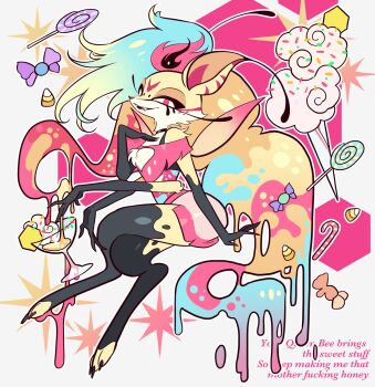 1girl antennae beelzebub_(helluva_boss) black_fur candy candy_cane cup english_text extra_arms food fox_girl full_body furry furry_female hand_up hashtag-only_commentary hellaverse helluva_boss highres ice_cream_cup insect_wings invisible_chair lollipop melting meremero multicolored_fur pink_shirt pink_shorts profanity queen_bee_(helluva_boss) shirt shorts sitting solo sparkle swirl_lollipop wings yellow_fur