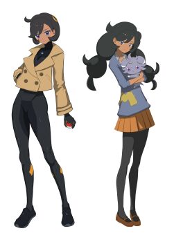 2girls absurdres age_progression black_bodysuit black_hair black_pantyhose black_shoes bodysuit bodysuit_under_clothes brown_jacket closed_mouth collared_shirt commentary cowboy_shot cowlick dark-skinned_female dark_skin dual_persona emma_(pokemon) espurr gen_6_pokemon gloves grey_eyes grey_sweater hair_between_eyes hair_ornament hand_in_pocket highres holding holding_poke_ball holding_pokemon jacket latex latex_bodysuit long_hair looking_at_viewer low-tied_long_hair low_twintails mega_stone multiple_girls nintendo orange_shoes orange_skirt pantyhose patch pleated_skirt poke_ball poke_ball_(basic) pokemon pokemon_(creature) pokemon_legends:_z-a pokemon_xy purple_eyes shirt shoes short_hair sidelocks simple_background skirt smile sneakers standing sweater swept_bangs three-quarter_sleeves twintails white_background white_shirt yuu_(primenumber7)
