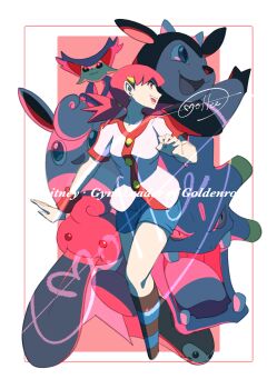 1girl :d absurdres blue_shorts border buttons cccacademia character_name delcatty exploud furret gen_1_pokemon gen_2_pokemon gen_3_pokemon gen_4_pokemon hair_ornament hairclip highres jacket lickilicky long_hair looking_back miltank mixed-language_commentary nintendo open_mouth pink_eyes pink_hair pokemon pokemon_(creature) pokemon_hgss short_sleeves shorts signature smile socks striped_clothes striped_socks teeth white_border white_jacket whitney_(pokemon) wigglytuff wristband