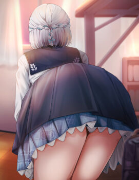 1girl all_fours ass black_overskirt black_sailor_collar blue_overskirt blue_ribbon braid facing_away from_behind gakuen_idolmaster grey_hair hair_ribbon half_up_braid hatsuboshi_gakuen_school_uniform highres idolmaster indoors katsuragi_lilja ribbon ribbon_braid sailor_collar school_uniform shirt short_hair skirt solo white_shirt yuzuyu_(hyui)