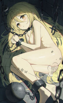 1girl aftersex ass ball_and_chain_restraint bare_back bare_legs bare_pectorals bare_shoulders barefoot bdsm blonde_hair blurry blurry_background blush bondage bottomless bound bound_ankles bound_wrists breasts broken broken_chain brown_eyes chain chain_leash clenched_hands closers collar commentary completely_nude crack crack_of_light cracked_wall cuffs cum cum_in_ass cum_in_pussy cumdrip curled_up drooling facing_to_the_side handcuffs hands_on_own_chest highres hunched_over indoors kidnapped knees_to_chest knees_together_feet_apart leash light_rays lock loli long_hair looking_to_the_side lucy_(closers) lying nude on_ground on_side padlock pectorals restrained saliva shackles slave small_breasts tied_up_(nonsexual) tile_floor tile_wall tiles yiran_kuxiao