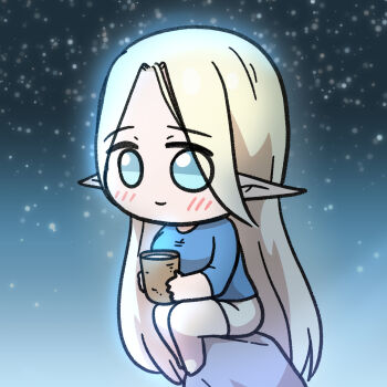 1girl alternate_costume blonde_hair blue_eyes cerestia_of_life chibi chibi_only clooliss commentary_request cup elf highres holding holding_cup korean_commentary last_origin long_hair looking_at_viewer night pointy_ears shirt sitting skirt sky smile solo star_(sky) starry_sky very_long_hair