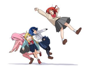4girls absurdres ahoge black_pantyhose blue_hair blue_jacket blue_skirt bocchi_the_rock! brown_jacket brown_shoes commentary_request gotoh_hitori grey_skirt heart highres ijichi_nijika impending_doom jacket jumping kita_ikuyo kunikida_kunio long_hair multiple_girls open_clothes open_jacket pants pants_under_skirt pantyhose pink_hair pink_jacket pink_pants pleated_skirt red_shoes shoes short_hair skirt socks standing standing_on_one_leg surprised tackle track_suit white_socks yamada_ryo