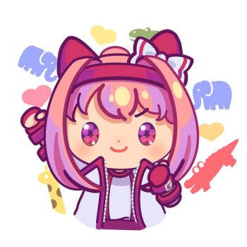 >:) 1girl animal_ears arm_up bow buruma chibi closed_mouth commentary_request ear_bow fingerless_gloves flower-shaped_pupils gloves gym_shirt gym_uniform hair_intakes hairband hand_up haru_urara_(bestest_prize)_(umamusume) haru_urara_(umamusume) heart highres horse_ears jacket long_sleeves looking_at_viewer mochiusasa open_clothes open_jacket pink_hair ponytail purple_eyes red_buruma red_gloves red_hairband shirt sidelocks simple_background smile solo symbol-shaped_pupils umamusume v-shaped_eyebrows white_background white_bow white_jacket white_shirt