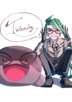 1girl ahoge black_pants brown_shoes clodsire earrings english_text glasses green_hair grey_shirt haru_(pixiv89786382) highres jewelry long_hair necktie nintendo pants pokemon pokemon_(creature) pokemon_sv red_eyes rika_(pokemon) shirt shoes suspenders swept_bangs very_long_hair white_background