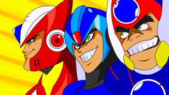3boys android armor axl_(mega_man) black_armor black_helmet blue_armor blue_eyes blue_helmet chest_jewel clenched_teeth cross_scar forehead_jewel gem getter_robo getter_team_pose_(meme) green_eyes grin helmet highres ishikawa_ken_(style) male_focus mega_man_(series) mega_man_x_(series) meme multiple_boys parody red_armor red_helmet revision robot robot_ears scar scar_on_face shin_getter_robo smile smirk style_parody teeth thick_eyebrows x_(mega_man) zam-8192 zero_(mega_man)
