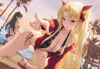 2girls absurdres alternate_costume armlet ass bikini black_bikini black_hair black_slingshot_swimsuit blonde_hair blurry blurry_background blush breasts cleavage commentary curtained_hair earrings english_commentary ereshkigal_(fate) fate/grand_order fate_(series) hair_ribbon highres ishtar_(fate) jacket jacket_over_swimsuit jewelry large_breasts long_hair looking_at_viewer multiple_girls off_shoulder open_mouth outdoors outstretched_arm pointing pointing_at_viewer poolside raidriar_18 red_eyes red_jacket red_ribbon ribbon sandals slingshot_swimsuit solo_focus swimsuit two_side_up very_long_hair white_sandals