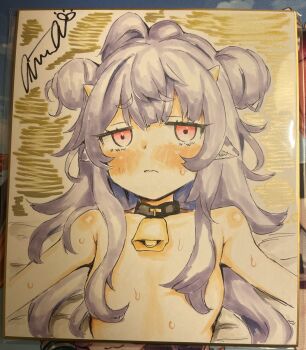 1girl animal_ears artist_name atahuta blush commission cow_ears double_bun flat_chest from_above hair_bun hair_over_breasts highres horns loli long_hair looking_at_viewer lying muu_muyu neck_bell on_back phase_connect photo_(medium) pink_eyes purple_hair solo sweat virtual_youtuber