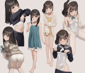 1girl absurdres all_fours animal_ears arm_at_side ass bare_legs barefoot black_hair black_serafuku black_skirt blue_bow blue_bowtie blue_dress blush bow bowtie bra braid brown_eyes brown_hair brown_shirt camisole censored closed_mouth clothes_lift collage collarbone commentary_request covered_navel detached_collar dress fake_animal_ears food from_above from_behind from_side full_body hair_between_eyes hair_ornament hair_scrunchie hairband hand_on_own_arm hand_up highleg highleg_leotard highres holding holding_food holding_phone holding_popsicle jacket kneeling knees leotard leotard_under_clothes long_hair long_sleeves looking_at_viewer mosaic_censoring multiple_views neckerchief open_clothes open_jacket open_mouth original pantyhose phone playboy_bunny popsicle pornography rabbit_ears school_uniform scrunchie serafuku shirt shirt_lift shorts side_braid side_ponytail sidelocks single_braid skirt spaghetti_strap standing striped_clothes striped_shirt toes underwear undressing white_background white_bra white_hairband white_jacket white_leotard white_neckerchief white_pantyhose white_shorts yellow_camisole yellow_shorts yukishima_momo
