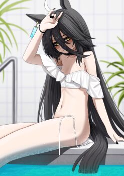 1girl absurdres ahoge alternate_costume animal_ears arm_up bags_under_eyes bare_legs bare_shoulders bikini black_hair black_nails blush bottomless commentary_request flat_chest highres horse_ears horse_girl horse_tail lobsteranian long_hair looking_at_viewer manhattan_cafe_(umamusume) navel off-shoulder_bikini off_shoulder open_mouth pool sitting soaking_feet solo stomach swimsuit tail umamusume white_bikini yellow_eyes