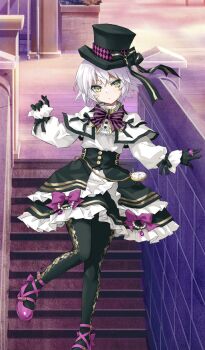 Rule 34 | 1girl, black bow, black gloves, black hat, black pantyhose, black skirt, bow, bowtie, breasts, capelet, closed mouth, commentary request, facial scar, fate/grand order, fate (series), game cg, gloves, green eyes, hat, hat bow, high-waist skirt, jack the ripper (fate/apocrypha), jack the ripper (celebratory attire) (fate), jewelry, konoe ototsugu, leg up, long sleeves, looking at viewer, official art, outdoors, pantyhose, pocket watch, purple bow, purple bowtie, purple shoes, ring, scar, scar across eye, scar on cheek, scar on face, shirt, shoes, short hair, skirt, sleeves past wrists, small breasts, solo, stairs, standing, standing on one leg, striped bow, striped bowtie, striped clothes, third-party source, top hat, watch, white capelet, white hair, white shirt