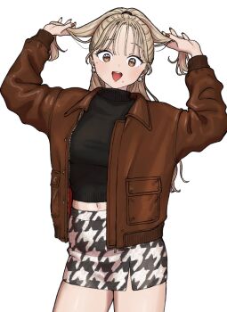 1girl black_sweater blonde_hair brown_eyes brown_jacket brown_nails commentary curry_soba earrings highres jacket jewelry looking_at_viewer midriff_peek miniskirt nail_polish navel open_clothes open_jacket open_mouth original print_skirt simple_background skirt solo sweater teeth upper_teeth_only white_background