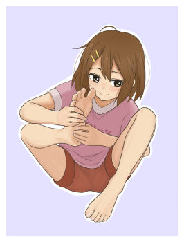 Rule 34 | 1girl, ahoge, andreypavlow, bare legs, barefoot, blue background, border, brown eyes, brown hair, closed mouth, commentary, english commentary, feet, foot focus, hair ornament, hairclip, hand on own foot, highres, hirasawa yui, k-on!, legs, looking at viewer, loungewear, medium hair, outline, pink shirt, red shorts, shirt, shorts, simple background, sitting, smile, soles, solo, toenails, toes, white border, white outline