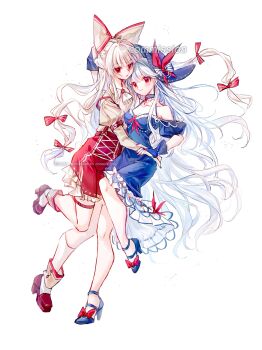 2girls 80isiiii absurdres adapted_costume arm_strap blue_dress blue_gloves blue_hair blue_hat blue_shoes boots bow breasts cleavage closed_mouth collared_shirt commentary commission dress fingerless_gloves footwear_bow frilled_dress frills fujiwara_no_mokou gloves grey_shirt hair_bow hand_on_another's_head hat high_heels highres juliet_sleeves kamishirasawa_keine long_hair long_sleeves looking_at_viewer making-of_available multiple_girls open_mouth puffy_sleeves red_boots red_bow red_eyes red_nails red_ribbon red_shorts ribbon shirt shoes shorts simple_background skirt suspender_skirt suspenders thigh_strap touhou very_long_hair watermark white_background white_bow yuri