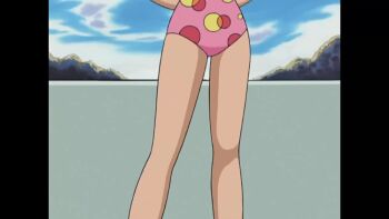1girl animated armpit_crease arms_behind_back barefoot blue_eyes blue_sky boat breasts brown_hair casual_one-piece_swimsuit child closed_eyes collarbone day eyelashes fanservice feet female_focus full_body halterneck happy highres knees legs lower_body may_(pokemon) medium_hair missing_headwear nintendo no_gloves official_alternate_costume official_art one-piece_swimsuit outdoors pink_one-piece_swimsuit pokemon pokemon_(anime) pokemon_ag019 pokemon_the_series:_ruby_and_sapphire sidelocks skin_tight sky small_breasts smile spaghetti_strap standing swept_bangs swimsuit talking thighs toenails toes upper_body video watercraft