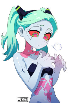 1girl absurdres artificial_eye bare_shoulders black_bra bra breasts closed_mouth colored_sclera colored_skin cyberpunk:_edgerunners cyberpunk_(series) cyborg green_eyes green_hair highres larkst long_hair looking_down mechanical_eye neck_tattoo petite pink_tattoo rebecca_(cyberpunk) red_pupils red_sclera signature simple_background small_breasts solo stomach_tattoo strapless strapless_bra tattoo twintails underwear underwear_only upper_body white_background white_skin