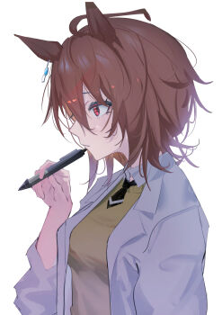 Rule 34 | 1girl, absurdres, agnes tachyon (umamusume), ahoge, animal ears, black necktie, black shirt, brown hair, chemical structure, coat, collared shirt, commentary request, ear ornament, earrings, hair between eyes, hand up, highres, holding, holding pen, horse ears, horse girl, jewelry, long sleeves, necktie, open clothes, open coat, parted lips, pen, red eyes, sei (bigaa), shirt, short hair, short necktie, simple background, single earring, solo, sweater, umamusume, white background, white coat, yellow sweater