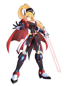 1girl absurdres alternate_costume alternate_hairstyle armor armored_boots armored_gloves belt biometal blonde_hair blue_eyes body_armor bodystocking boots breasts cape ciel_(mega_man) coattails commission commissioner_upload elbow_gloves energy_sword eyelashes gloves hair_over_one_eye hat high_heel_boots high_heels highres holding holding_weapon iris_(mega_man) iris_-another-_(mega_man) knee_armor knee_boots long_bangs long_hair looking_at_viewer mechanical_ears mega_man_(series) mega_man_zero_(series) mega_man_zx military_hat military_uniform non-web_source outstretched_hand petite ponytail shoulder_armor small_breasts solo sword thighs transparent_background uta_guipiy weapon zipper
