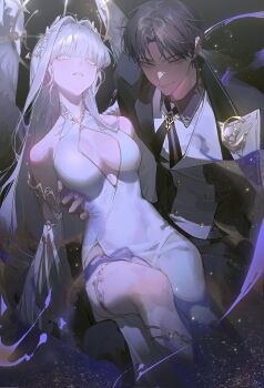 1boy 1girl black_hair black_suit blunt_bangs cigarettekixx cleavage_cutout clothing_cutout collared_shirt detached_sleeves dress feet_out_of_frame formal_clothes hair_intakes halo hand_on_another&#039;s_waist head_wreath highres light_particles looking_at_viewer mole mole_under_eye original red_eyes shirt sidelocks smile suit vest white_dress white_eyes white_vest white_wings wings