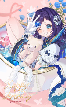 Rule 34 | 1girl, absurdres, aiba uiha, aiba uiha (1st costume), blue eyes, blue hair, closed mouth, commentary request, dress, gloves, highres, hinomiya nayu, holding, holding stuffed toy, long hair, looking at viewer, nijisanji, one eye closed, smile, solo, stuffed animal, stuffed toy, teddy bear, very long hair, virtual youtuber, white dress, white gloves