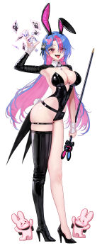 1girl :p absurdres animal_ear_hairband animal_ears arm_up armpits asymmetrical_footwear bing_hayu black_boots black_leotard black_shoes blue_hair blush boots breasts brooch coattails collared_shrug colored_inner_hair dice earrings eruthu eyes_visible_through_hair facial_mark fake_animal_ears fake_tail fangs floating_card floating_hair full_body gem hair_over_one_eye hairband heart heart_facial_mark high_heel_boots high_heels highleg highleg_leotard highres holding holding_staff jewelry large_breasts leotard long_hair looking_at_viewer luvdia mole mole_on_armpit mole_on_breast mole_on_thigh multicolored_hair multiple_moles open_mouth pink_eyes pink_gemstone pink_hair playboy_bunny pumps rabbit_ear_hairband rabbit_ears rabbit_tail raised_eyebrow shiny_clothes shiny_skin shoes shrug_(clothing) simple_background single_thigh_boot skindentation solo staff standing strapless strapless_leotard tail thigh_boots thigh_strap tongue tongue_out two-tone_hair uneven_footwear very_long_hair virtual_youtuber white_background