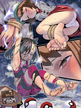 2girls aqua_eyes artist_name ass barefoot bdsm black_hair blush bondage bound bound_ankles brown_eyes brown_hair cardigan dress empty_eyes energy_drain female_focus gloria_(pokemon) grey_cardigan gym_challenge_uniform hat leech_seed loli marnie_(pokemon) medium_hair multiple_girls nintendo panties parasite peril poke_ball poke_ball_(basic) pokemon pokemon_swsh ryona sequential signature soon_(c-u-soon) sportswear tam_o'_shanter tearing_up torn_clothes twintails underwear white_panties