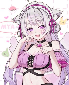 Rule 34 | 1girl, absurdres, ahoge, animal ear fluff, animal ears, bare shoulders, black choker, breasts, cat ears, cat girl, character request, choker, cleavage, collarbone, commentary, copyright request, crop top, double-parted bangs, english commentary, facial mark, fangs, frilled hairband, frills, gen 1 pokemon, gen 2 pokemon, gradient hair, grey hair, hair ribbon, hairband, heart, heart-shaped lock, heart choker, heart facial mark, heterochromia, highres, jewelry, large breasts, larvitar, long hair, looking at viewer, multicolored hair, multiple rings, namin (namin star), nintendo, nyan, open mouth, paw pose, pikachu, pink eyes, pink ribbon, poke ball, poke ball (basic), pokemon, purple eyes, purple hair, ribbon, ring, smile, solo, two-tone hair, upper body, white hairband, winged heart, wings