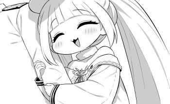 Rule 34 | 1boy, 1girl, :3, arm hug, azur lane, azur lane: slow ahead, blush, closed eyes, commander (azur lane), dmitri donskoi (azur lane), epaulettes, greyscale, hori (hori no su), military uniform, monochrome, naval uniform, official art, open mouth, parka, simple background, twintails, white background