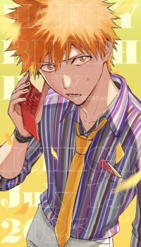 1boy artist_name bleach bracelet brown_eyes character_name collared_shirt commentary_request english_text hair_between_eyes happy_birthday highres holding holding_phone jewelry kurosaki_ichigo looking_at_viewer necktie open_mouth orange_hair orange_necktie phone shirt solo spiked_hair striped_clothes sweatdrop ten0u0 vertical-striped_clothes