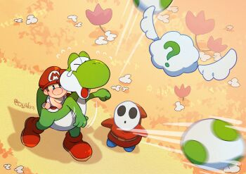 1boy ? baby baby_mario boots commentary egg flower flying_sweatdrops hanaon hat highres male_focus mario mario_(series) nintendo open_mouth red_boots red_hat riding shy_guy super_mario_world_2:_yoshi&#039;s_island symbol-only_commentary throwing twitter_username yoshi yoshi_egg