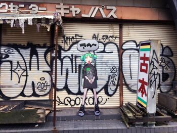 1girl abandoned black_shirt blush building commentary_request day double_bun drooling graffiti green_hair hair_bun highres ken_sogen long_hair no_pants no_socks open_mouth orange_eyes original outdoors own_hands_together photo_background platform_sandals print_shirt rolling_eyes sandals security_shutter shirt short_sleeves sign snot solo speech_bubble standing t-shirt twintails wide_shot