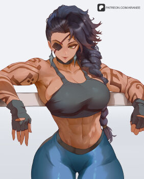 1girl abs araneesama arm_tattoo black_choker black_gloves black_hair black_tank_top braid braided_ponytail breasts choker cleavage dark-skinned_female dark_skin earrings eyepatch fingerless_gloves gloves green_eyes highres jewelry large_breasts league_of_legends long_hair looking_at_viewer muscular muscular_female navel samira tank_top tattoo watermark web_address white_background