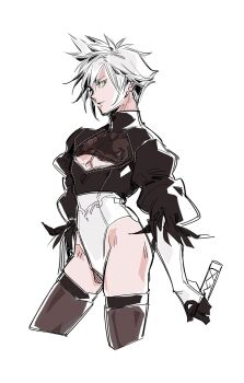 1boy 2b_(nier:automata) 2b_(nier:automata)_(cosplay) black_leotard black_thighhighs chocobobun cleavage_cutout clothing_cutout cloud_strife commentary cosplay cropped_legs crossdressing crossdressing_(mtf) english_commentary feather_trim final_fantasy final_fantasy_vii grey_eyes grey_hair hair_between_eyes heattech_leotard highleg highleg_leotard highres juliet_sleeves leotard long_sleeves male_focus multicolored_leotard parted_lips pectorals puffy_sleeves short_hair solo spiked_hair thighhighs thighs turtleneck two-tone_leotard white_background white_leotard